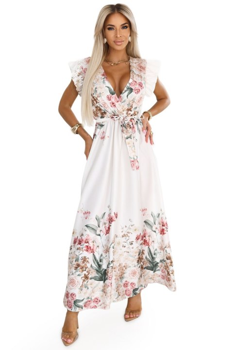 609-1 Satynowa sukienka maxi z dekoltem i kwiatowym ombre - elegancja w stylu boho 609-1 Satynowa sukienka maxi z dekoltem i kwiatowym ombre - elegancja w stylu boho