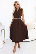 596-4 Elegancka szmizjerka midi ze złotymi guzikami i paskiem - CZEKOLADOWA 596-4 Elegancka szmizjerka midi ze złotymi guzikami i paskiem - CZEKOLADOWA