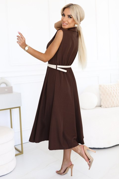 596-4 Elegancka szmizjerka midi ze złotymi guzikami i paskiem - CZEKOLADOWA 596-4 Elegancka szmizjerka midi ze złotymi guzikami i paskiem - CZEKOLADOWA