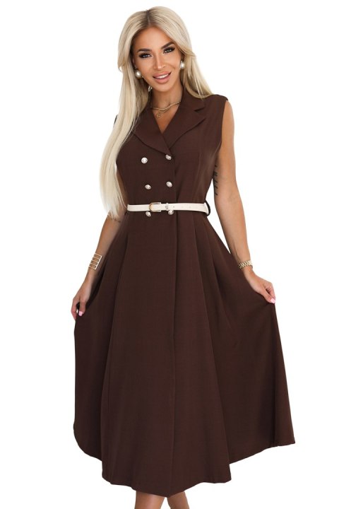 596-4 Elegancka szmizjerka midi ze złotymi guzikami i paskiem - CZEKOLADOWA 596-4 Elegancka szmizjerka midi ze złotymi guzikami i paskiem - CZEKOLADOWA