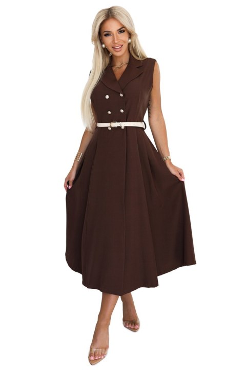 596-4 Elegancka szmizjerka midi ze złotymi guzikami i paskiem - CZEKOLADOWA 596-4 Elegancka szmizjerka midi ze złotymi guzikami i paskiem - CZEKOLADOWA