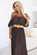 614-1 Sukienka maxi w stylu boho z odkrytymi ramionami i paskiem - CZEKOLADOWA 614-1 Sukienka maxi w stylu boho z odkrytymi ramionami i paskiem - CZEKOLADOWA