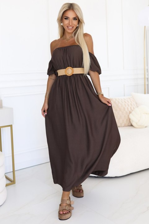 614-1 Sukienka maxi w stylu boho z odkrytymi ramionami i paskiem - CZEKOLADOWA 614-1 Sukienka maxi w stylu boho z odkrytymi ramionami i paskiem - CZEKOLADOWA