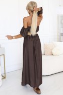 614-1 Sukienka maxi w stylu boho z odkrytymi ramionami i paskiem - CZEKOLADOWA 614-1 Sukienka maxi w stylu boho z odkrytymi ramionami i paskiem - CZEKOLADOWA