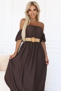 614-1 Sukienka maxi w stylu boho z odkrytymi ramionami i paskiem - CZEKOLADOWA 614-1 Sukienka maxi w stylu boho z odkrytymi ramionami i paskiem - CZEKOLADOWA