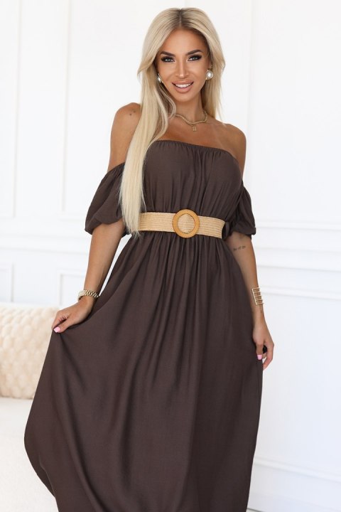 614-1 Sukienka maxi w stylu boho z odkrytymi ramionami i paskiem - CZEKOLADOWA 614-1 Sukienka maxi w stylu boho z odkrytymi ramionami i paskiem - CZEKOLADOWA