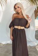 614-1 Sukienka maxi w stylu boho z odkrytymi ramionami i paskiem - CZEKOLADOWA 614-1 Sukienka maxi w stylu boho z odkrytymi ramionami i paskiem - CZEKOLADOWA
