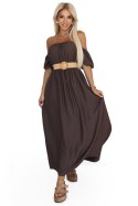 614-1 Sukienka maxi w stylu boho z odkrytymi ramionami i paskiem - CZEKOLADOWA 614-1 Sukienka maxi w stylu boho z odkrytymi ramionami i paskiem - CZEKOLADOWA