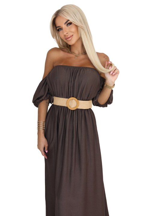 614-1 Sukienka maxi w stylu boho z odkrytymi ramionami i paskiem - CZEKOLADOWA 614-1 Sukienka maxi w stylu boho z odkrytymi ramionami i paskiem - CZEKOLADOWA