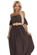 614-1 Sukienka maxi w stylu boho z odkrytymi ramionami i paskiem - CZEKOLADOWA 614-1 Sukienka maxi w stylu boho z odkrytymi ramionami i paskiem - CZEKOLADOWA