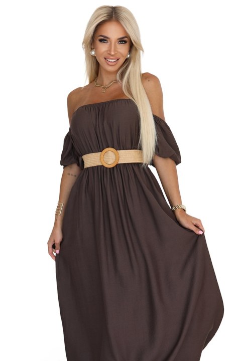 614-1 Sukienka maxi w stylu boho z odkrytymi ramionami i paskiem - CZEKOLADOWA 614-1 Sukienka maxi w stylu boho z odkrytymi ramionami i paskiem - CZEKOLADOWA