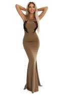 617-1 Długa suknia syrenka z czarną koronką i siateczką - MOCHA MOUSSE 617-1 Długa suknia syrenka z czarną koronką i siateczką - MOCHA MOUSSE