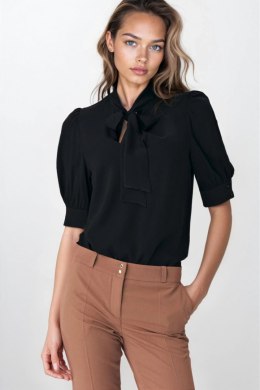 Elegancka czarna bluzka z wiązaniem na dekolcie B170 Black - Nife Nife