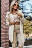 629-1 Wygodny kardigan oversize z kapturem i stylową naszywką - beżowy
