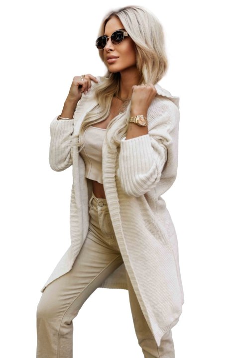 629-1 Wygodny kardigan oversize z kapturem i stylową naszywką - beżowy