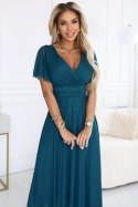 635-1 MELANIA długa błyszcząca suknia z dekoltem i krótkim rękawkiem - zieleń butelkowa