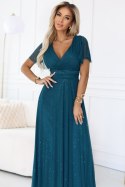 635-1 MELANIA długa błyszcząca suknia z dekoltem i krótkim rękawkiem - zieleń butelkowa