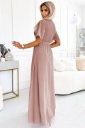 545-6 Długa sukienka z plisowanym dekoltem i wiązaniem - taupe