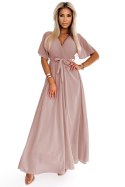 545-6 Długa sukienka z plisowanym dekoltem i wiązaniem - taupe