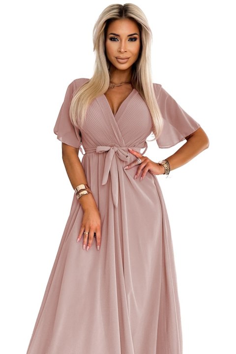 545-6 Długa sukienka z plisowanym dekoltem i wiązaniem - taupe