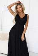 637-2 Wieczorowa długa sukienka z brokatowym akcentem i głębokim dekoltem - czarna