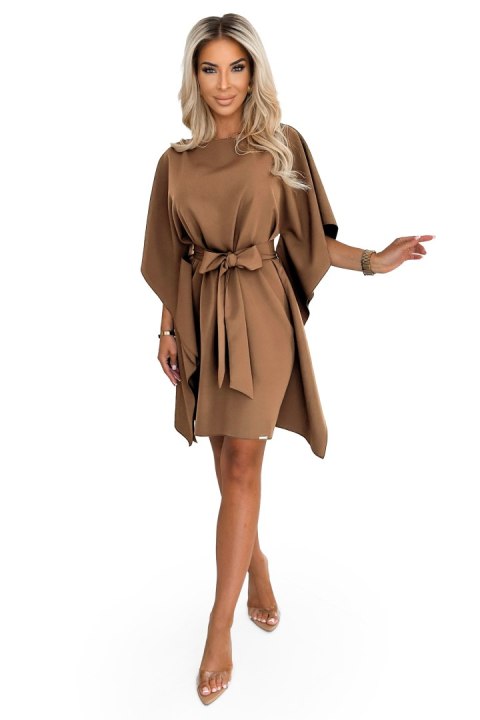 287-39 SOFIA Sukienka motyl z wiązaniem w pasie - cappuccino