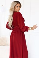 639-1 Elegancka plisowana sukienka maxi z paskiem i kopertowym dekoltem - bordowa