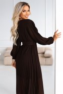 414-11 KLARA plisowana elegancka sukienka midi z paskiem i dekoltem - czekoladowa