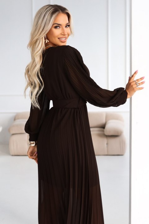 414-11 KLARA plisowana elegancka sukienka midi z paskiem i dekoltem - czekoladowa