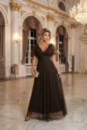 635-4 MELANIA długa błyszcząca suknia z dekoltem i krótkim rękawkiem - czekolada