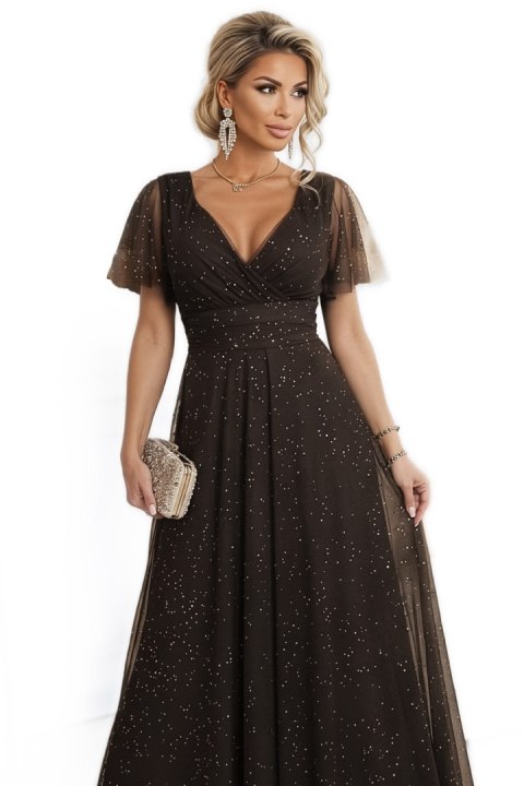 635-4 MELANIA długa błyszcząca suknia z dekoltem i krótkim rękawkiem - czekolada
