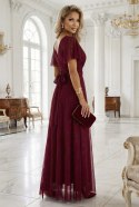 635-5 MELANIA długa błyszcząca suknia z dekoltem i krótkim rękawkiem - bordowa