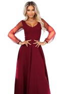 640-1 LORETTA wyjątkowa długa sukienka z tiulowymi rękawkami i dekoltem - bordowa