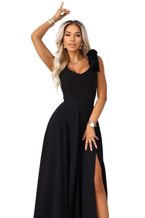643-2 Elegancka wieczorowa suknia maxi z rozcięciem i różami - klasyczna czerń