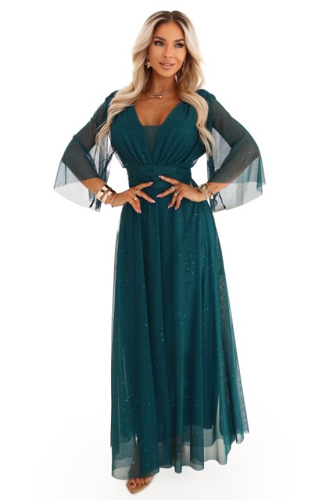 654-1 Długa połyskująca sukienka plus size z dekoltem i transparentnym rękawkiem - zieleń butelkowa