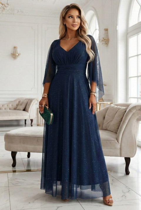 655-3 Długa połyskująca w świetle suknia z dekoltem i transparentnym rękawkiem - granatowa