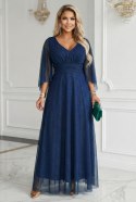 655-3 Długa połyskująca w świetle suknia z dekoltem i transparentnym rękawkiem - granatowa