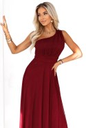 656-1 Długa błyszcząca suknia wieczorowa na jedno ramię - burgund