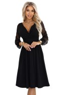 657-1 Elegancka sukienka midi z kopertowym dekoltem i tiulowymi rękawami - czarna