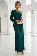 658-2 Połyskująca brokatowa sukienka maxi na jedno ramię z asymetrycznym rękawem i rozcięciem - butelkowa zieleń