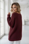 661-1 Ciepły sweter oversize o mięsistym splocie i dekolcie V - bordowy