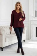 661-1 Ciepły sweter oversize o mięsistym splocie i dekolcie V - bordowy