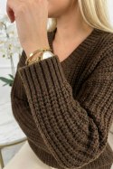 661-2 Ciepły sweter oversize o mięsistym splocie i dekolcie V - czekoladowy