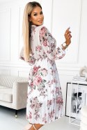 449-1 CARLA Plisowana sukienka midi z guziczkami i długim rękawkiem - Pomarańczowe RÓŻE NA BIAŁYM TLE 449-1 CARLA Plisowana sukienka midi z guziczkami i długim rękawkiem - Pomarańczowe RÓŻE NA BIAŁYM TLE