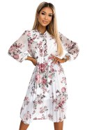449-1 CARLA Plisowana sukienka midi z guziczkami i długim rękawkiem - Pomarańczowe RÓŻE NA BIAŁYM TLE 449-1 CARLA Plisowana sukienka midi z guziczkami i długim rękawkiem - Pomarańczowe RÓŻE NA BIAŁYM TLE