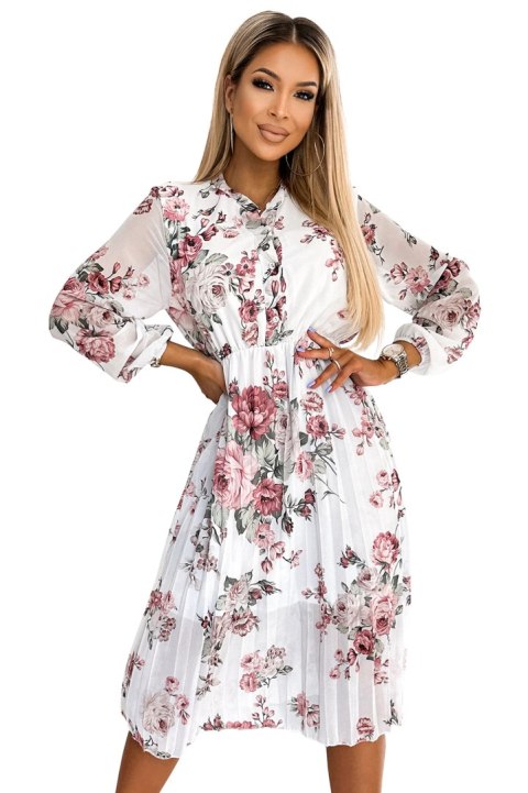 449-1 CARLA Plisowana sukienka midi z guziczkami i długim rękawkiem - Pomarańczowe RÓŻE NA BIAŁYM TLE 449-1 CARLA Plisowana sukienka midi z guziczkami i długim rękawkiem - Pomarańczowe RÓŻE NA BIAŁYM TLE