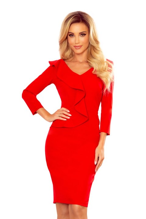 327-2 Elegancka sukienka z falbanką i dekoltem - CZERWONA 327-2 Elegancka sukienka z falbanką i dekoltem - CZERWONA