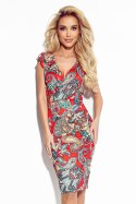 379-1 BOYKA Dopasowana sukienka z kopertowym dekoltem - CZERWONY wzór boho 379-1 BOYKA Dopasowana sukienka z kopertowym dekoltem - CZERWONY wzór boho