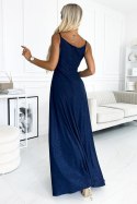 299-10 CHIARA elegancka maxi długa suknia na ramiączkach - GRANATOWA Z BROKATEM 299-10 CHIARA elegancka maxi długa suknia na ramiączkach - GRANATOWA Z BROKATEM