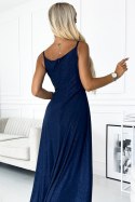 299-10 CHIARA elegancka maxi długa suknia na ramiączkach - GRANATOWA Z BROKATEM 299-10 CHIARA elegancka maxi długa suknia na ramiączkach - GRANATOWA Z BROKATEM